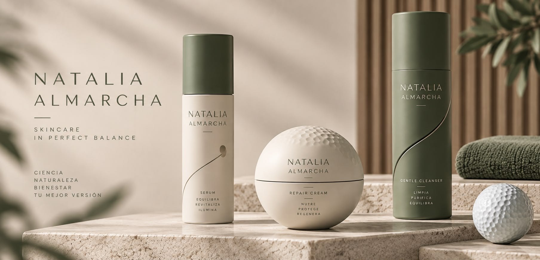 Sérum, crema reparadora y limpiador facial Natalia Almarcha sobre piedra natural