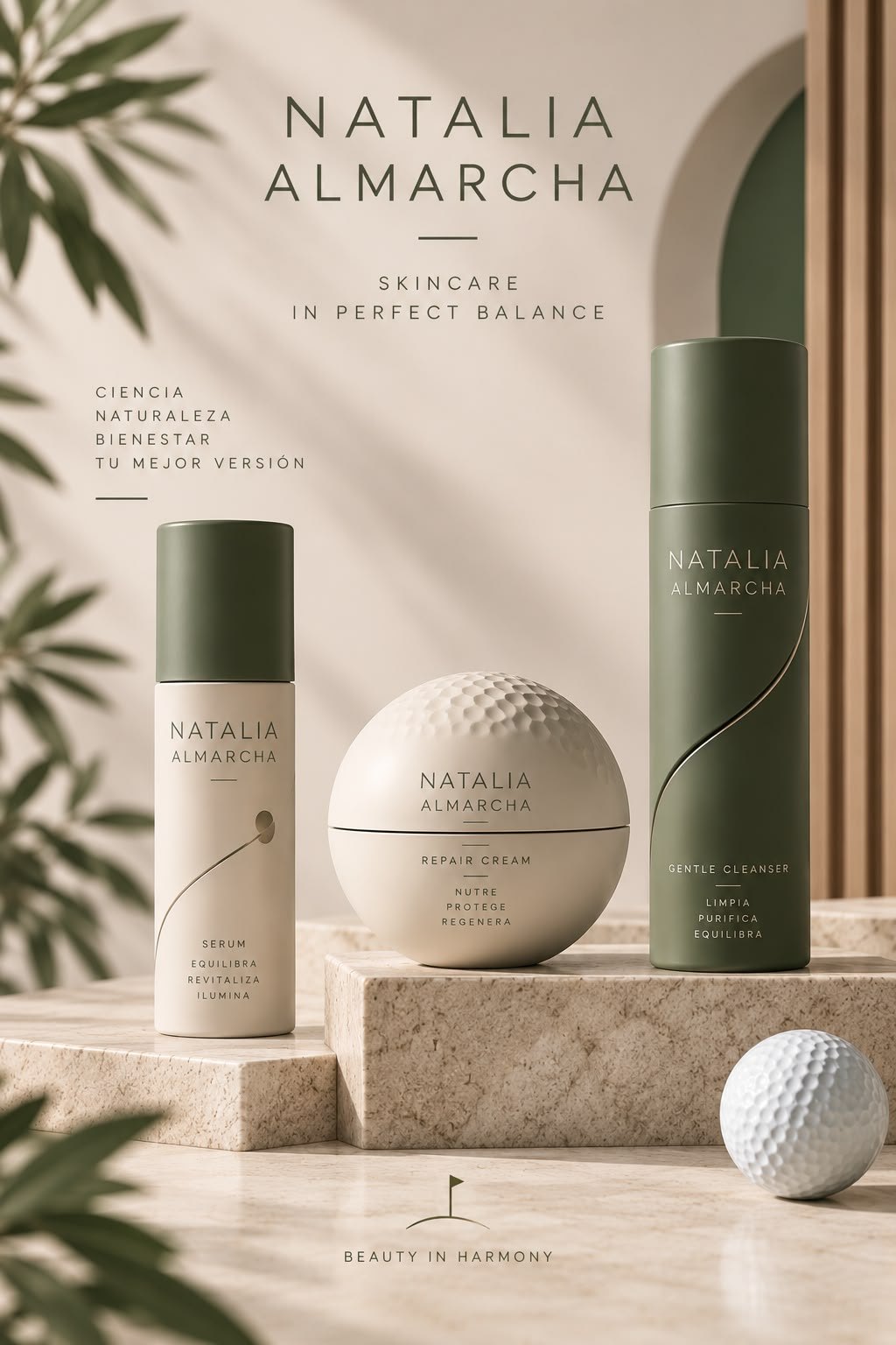 Gama de productos Natalia Almarcha: sérum, crema reparadora y limpiador facial